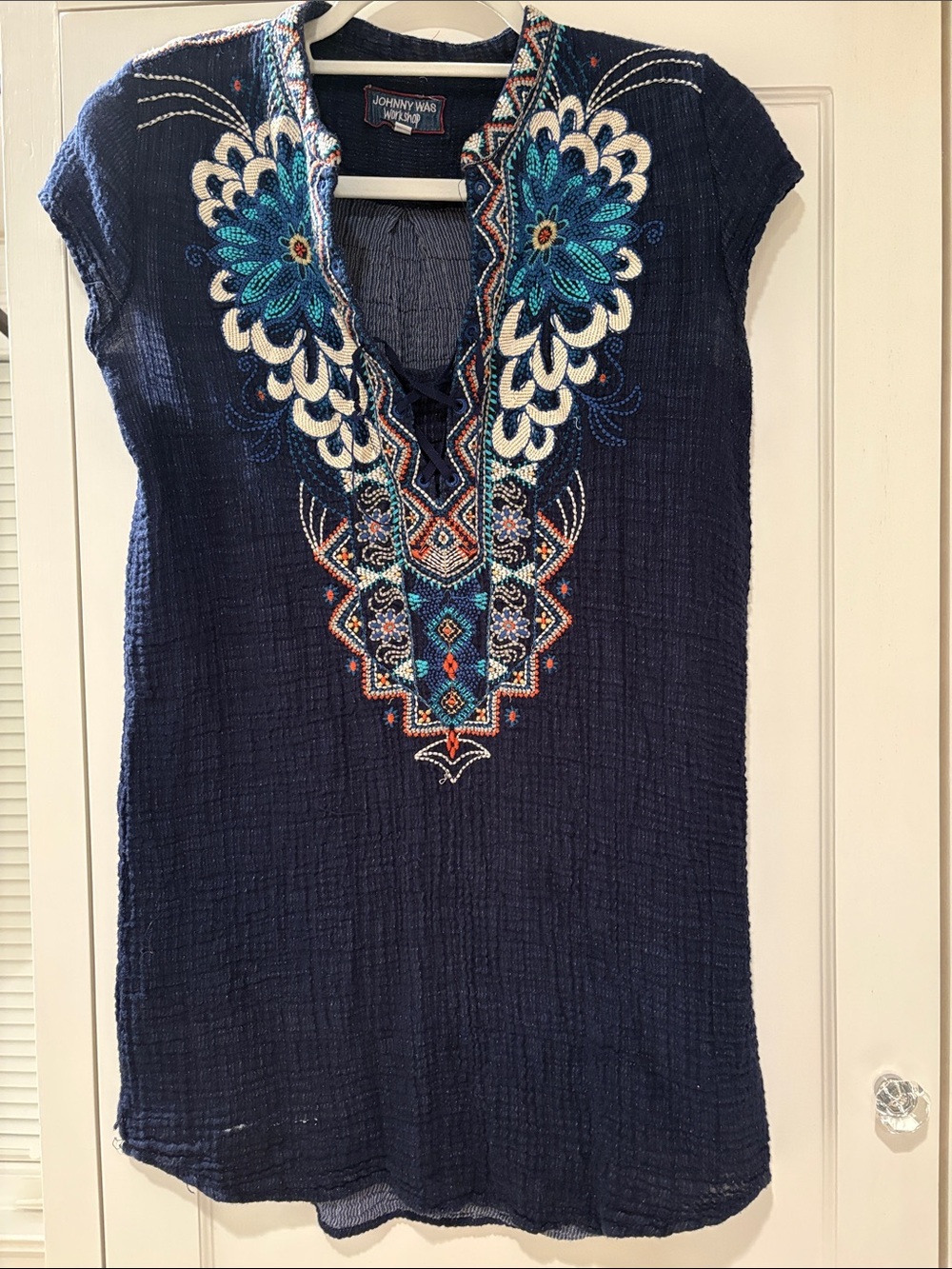 Johnny Was Navy Blue Embroidered V-Neck Tunic with Teal Accents Size S